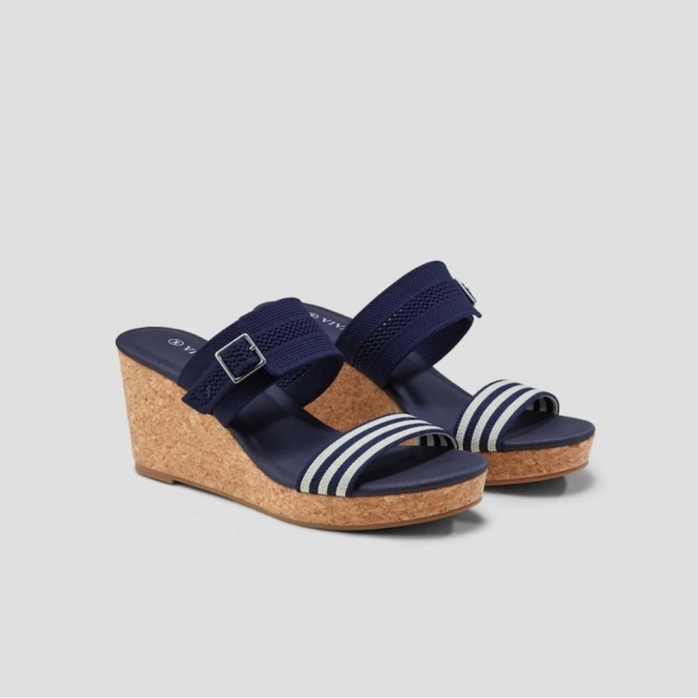 Navy Cork Wedge Slide Sandals with Striped Toe Strap - Vivaia Sammy